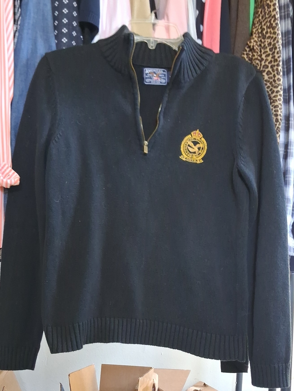 Vtg. 100% Cotton Quarter Zip Ink Navy With Gold Crest Small